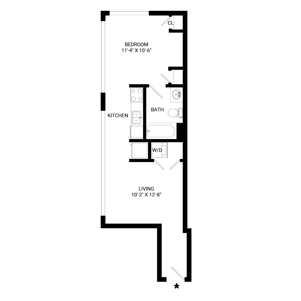 A black and white floor plan of a small apartment.