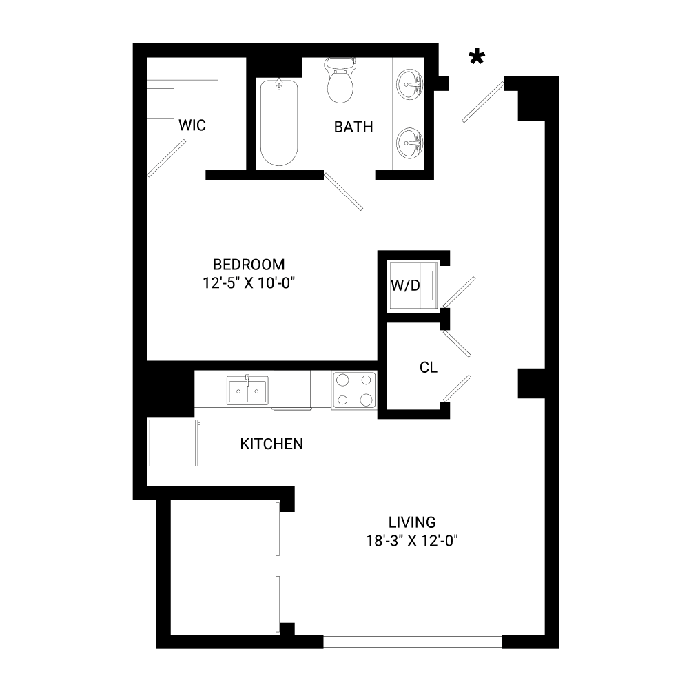 A black and white floor plan of a small apartment with a bedroom , kitchen , and bathroom.