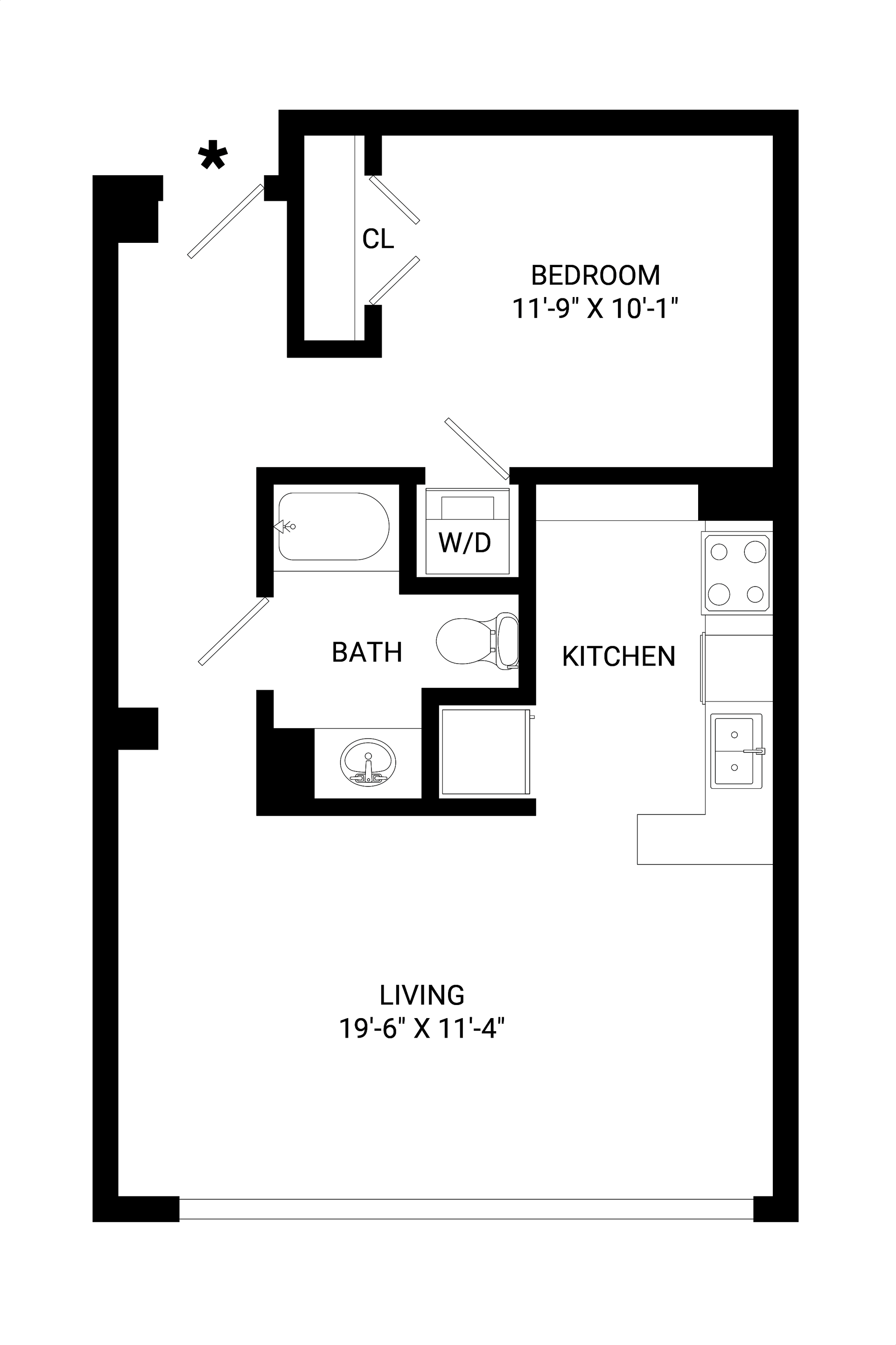A black and white floor plan of a small apartment.