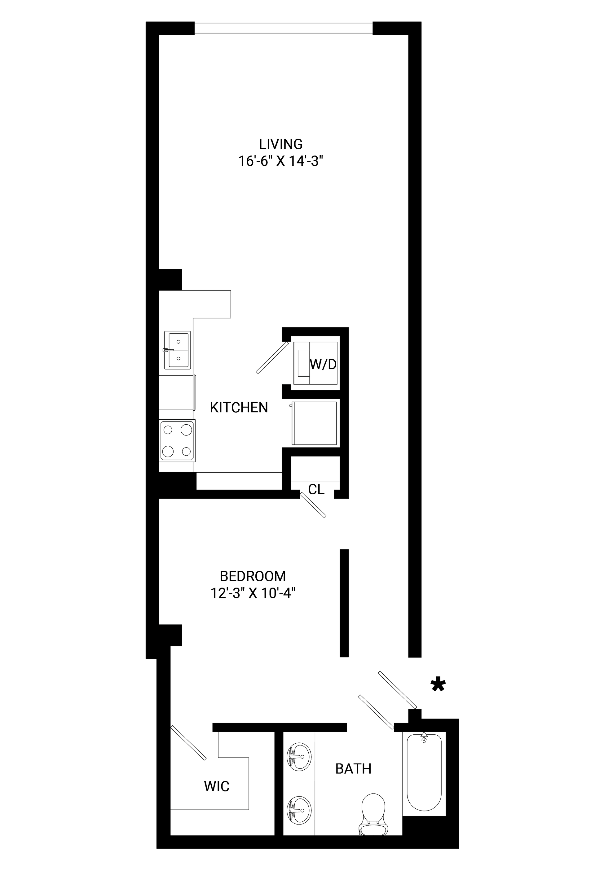 A black and white floor plan of a small apartment.