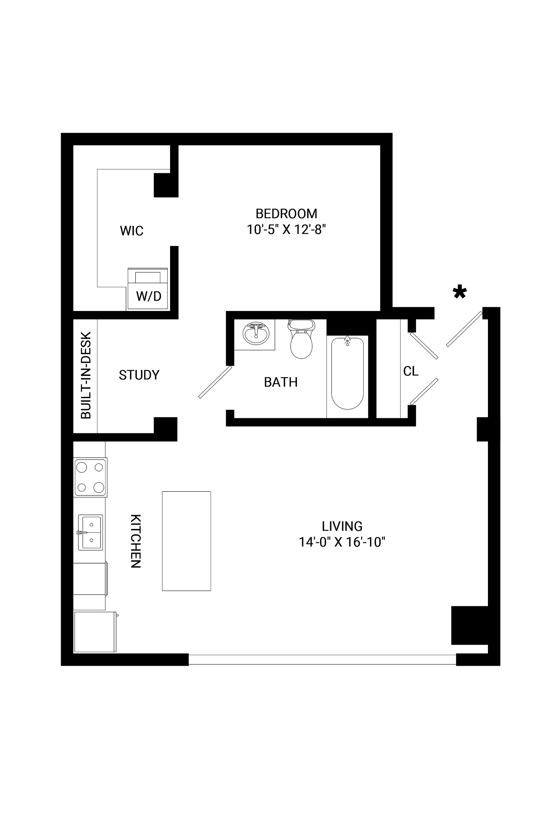 A black and white floor plan of a small apartment.