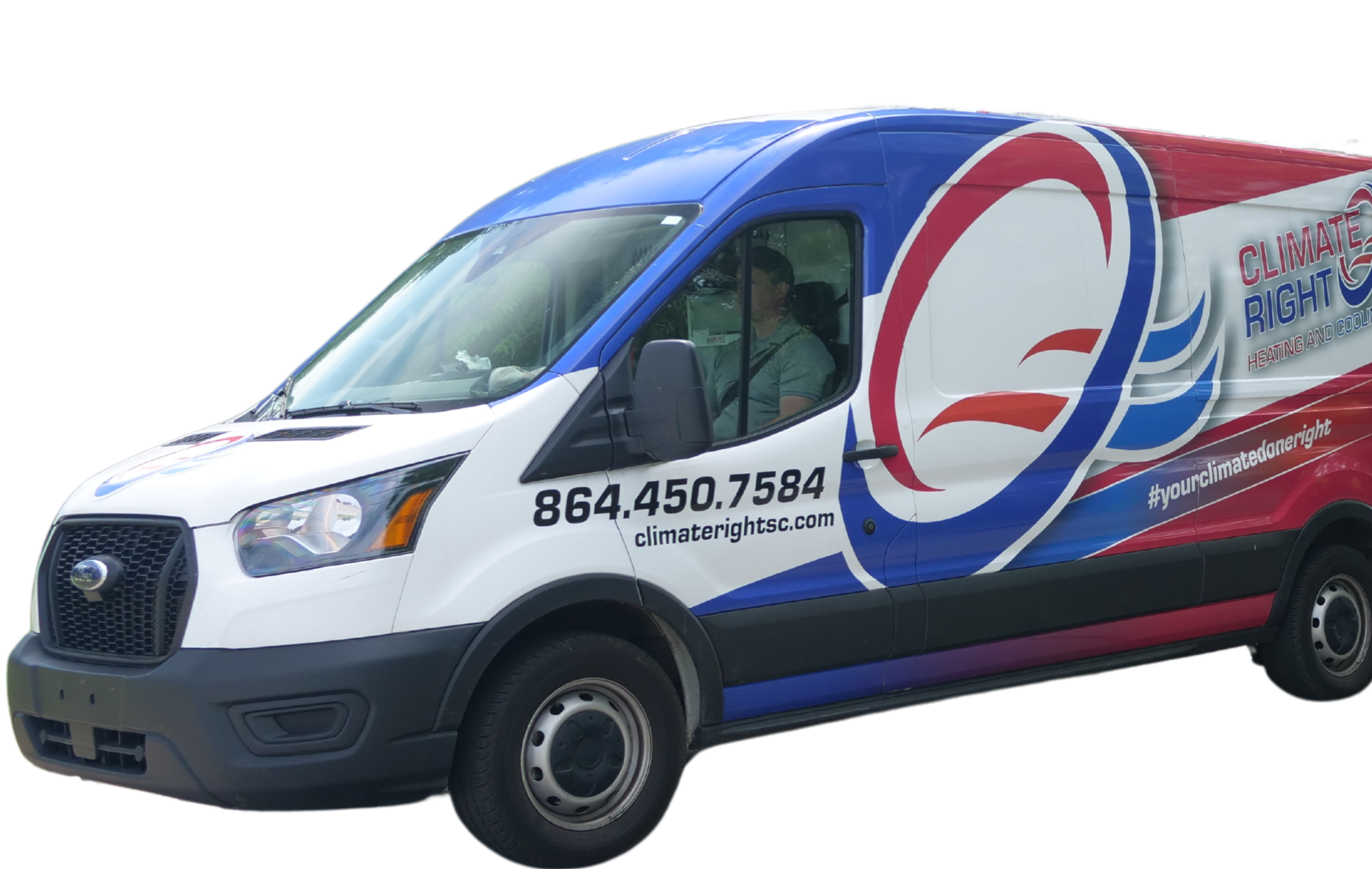 A red , white and blue van with a man driving it.