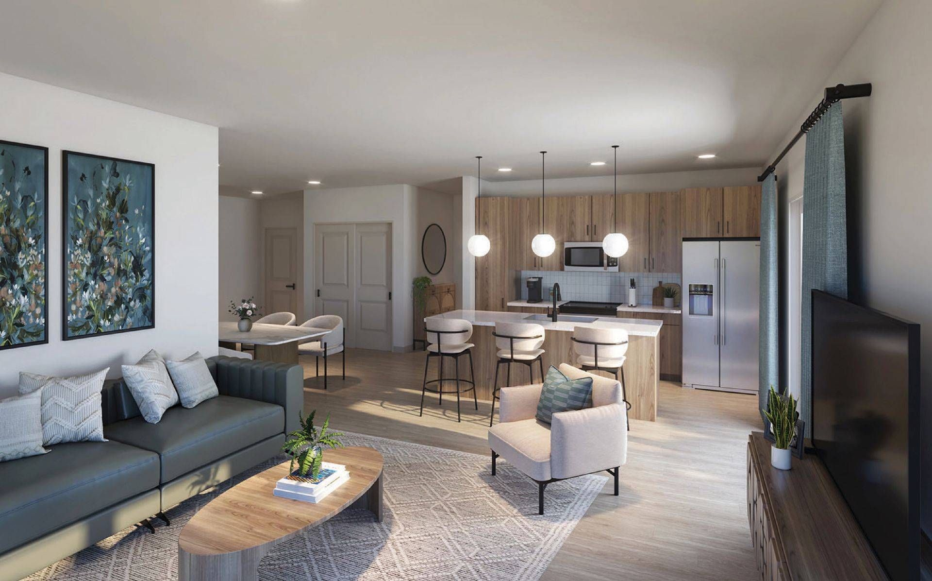 Modern open-plan living space: kitchen with island, living room with sofa, dining area, neutral colors.