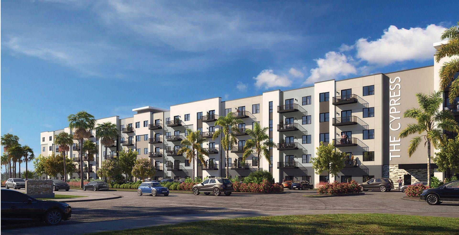 A digital rendering of The Cypress, a modern four-story apartment building with balconies and palm trees on a sunny day.
