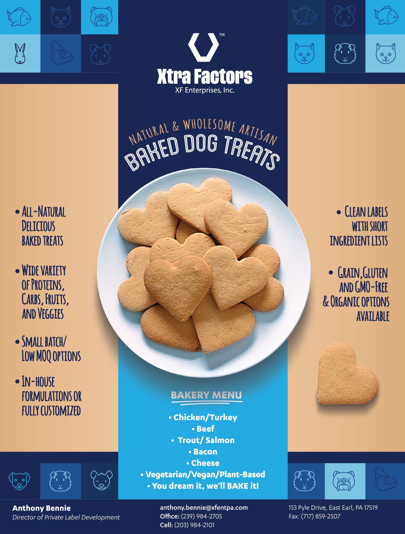 A box of Xtra Factors baked dog treats with a picture of a plate of treats