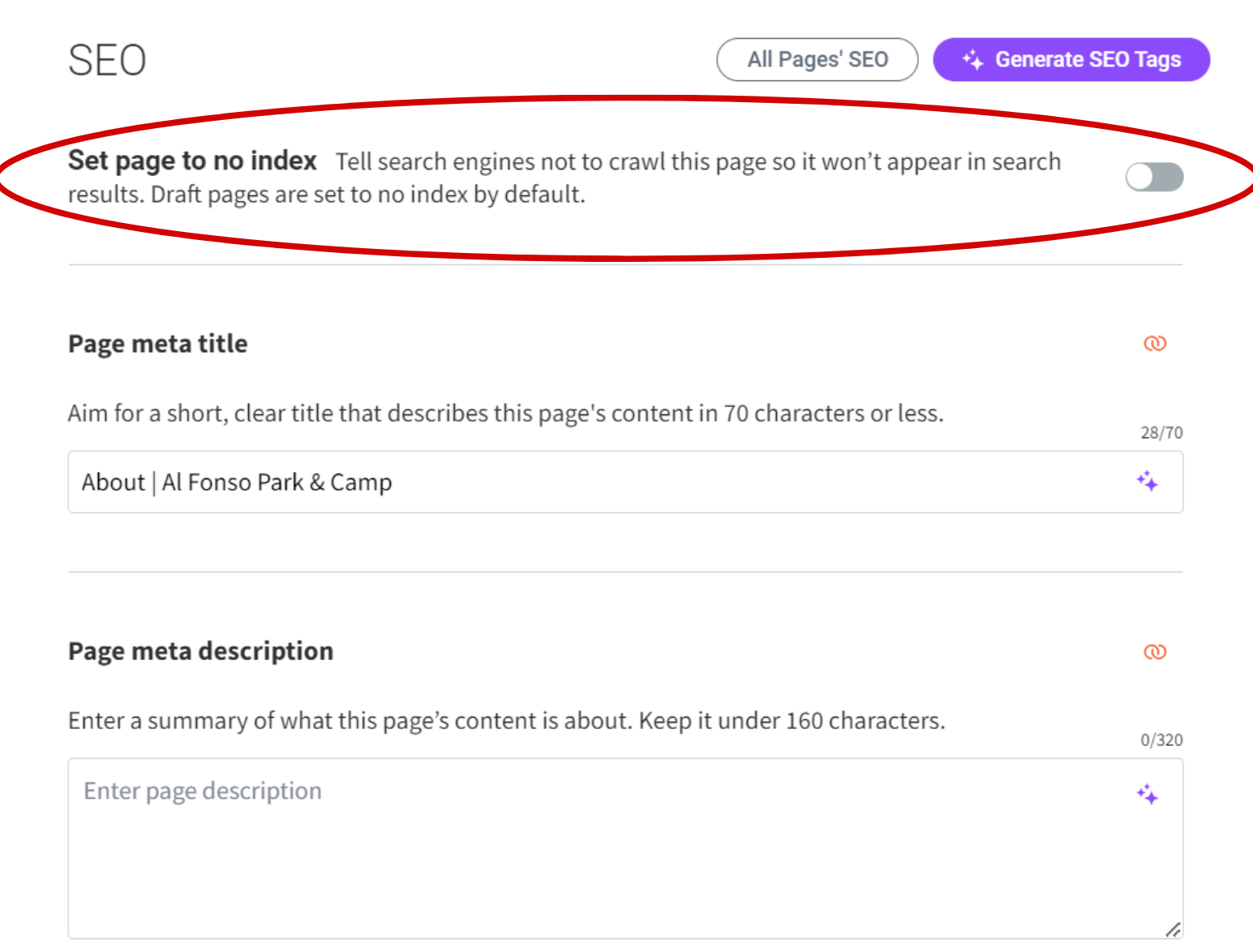 example on how to set page to no index