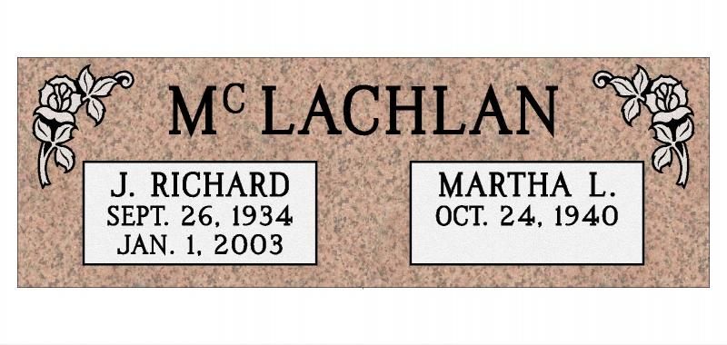 McLachlan memorial plaque with names J. Richard and Martha L., dates engraved on marble