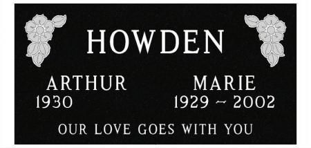 Black memorial plaque reading “HOWDEN,” with names Arthur and Marie and the phrase “Our love goes with you.”