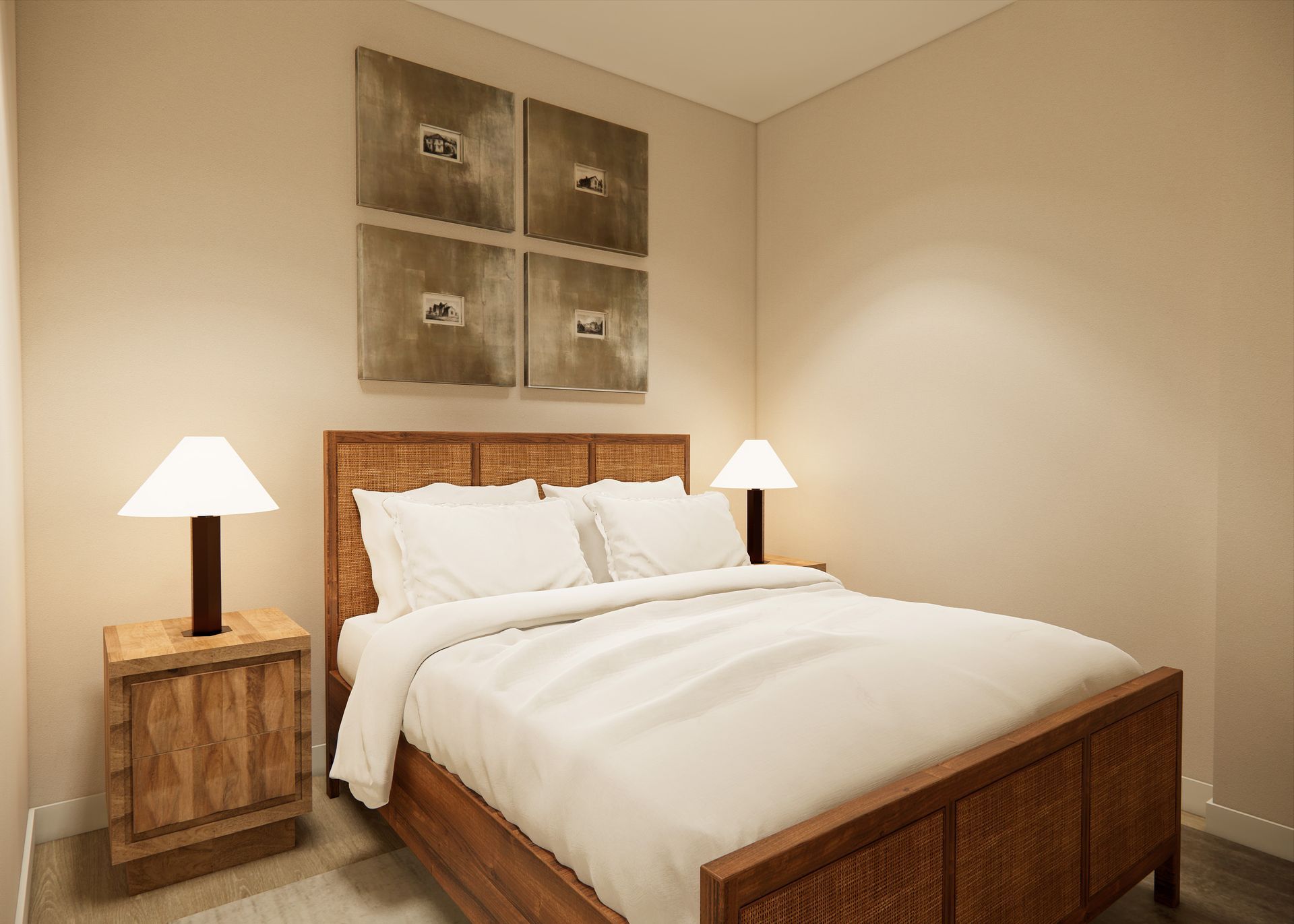 A cozy bedroom with a wooden bed frame, white bedding, two bedside lamps, and four framed square art prints on the wall.