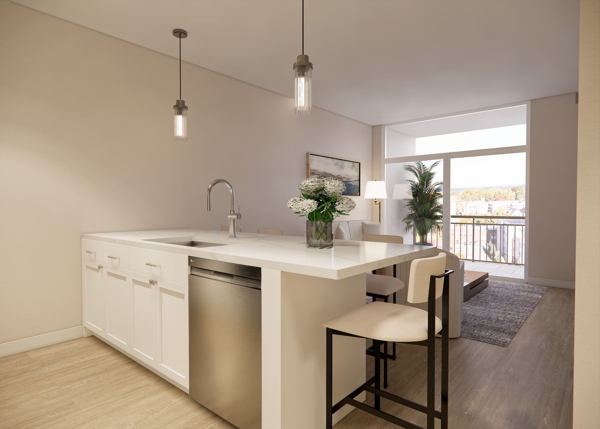 A modern, minimalist kitchen island with white cabinets and a dishwasher, featuring pendant lights and a tall bar stool.
