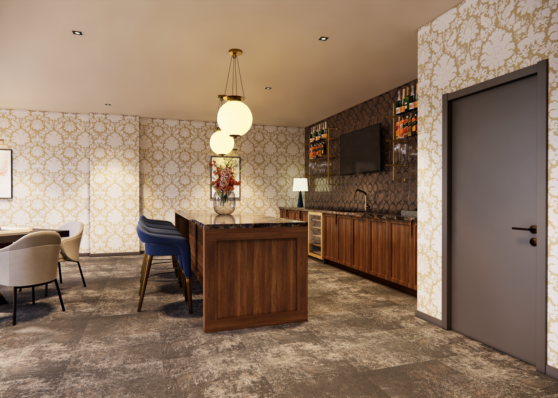Bar area with wooden cabinets, a bar, globe pendant lights, and patterned wallpaper.