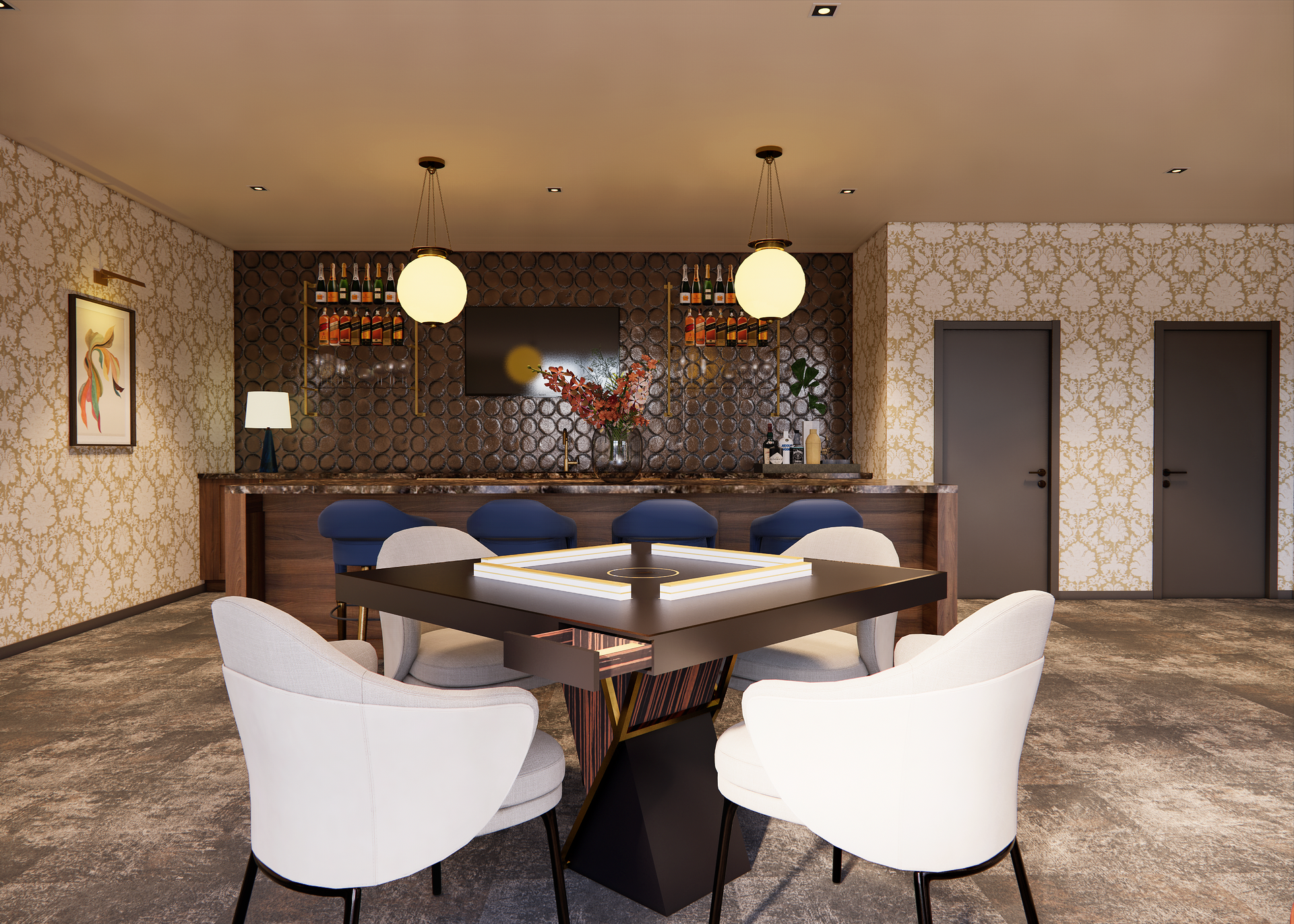 A stylish room with a bar, square table with chairs, and decorative wallpaper.
