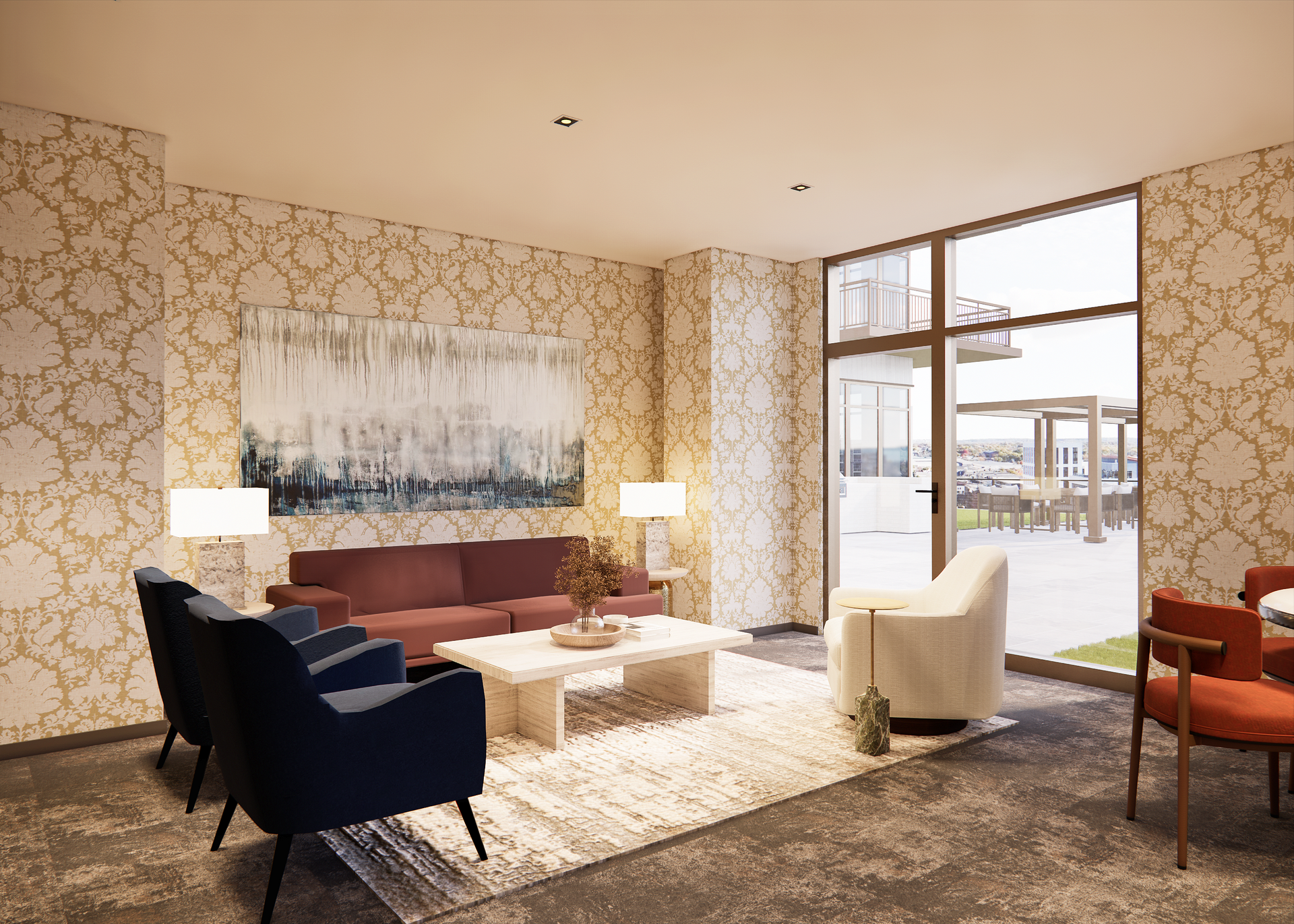 Living room with patterned wallpaper, large window, sofa, chairs, and coffee table.
