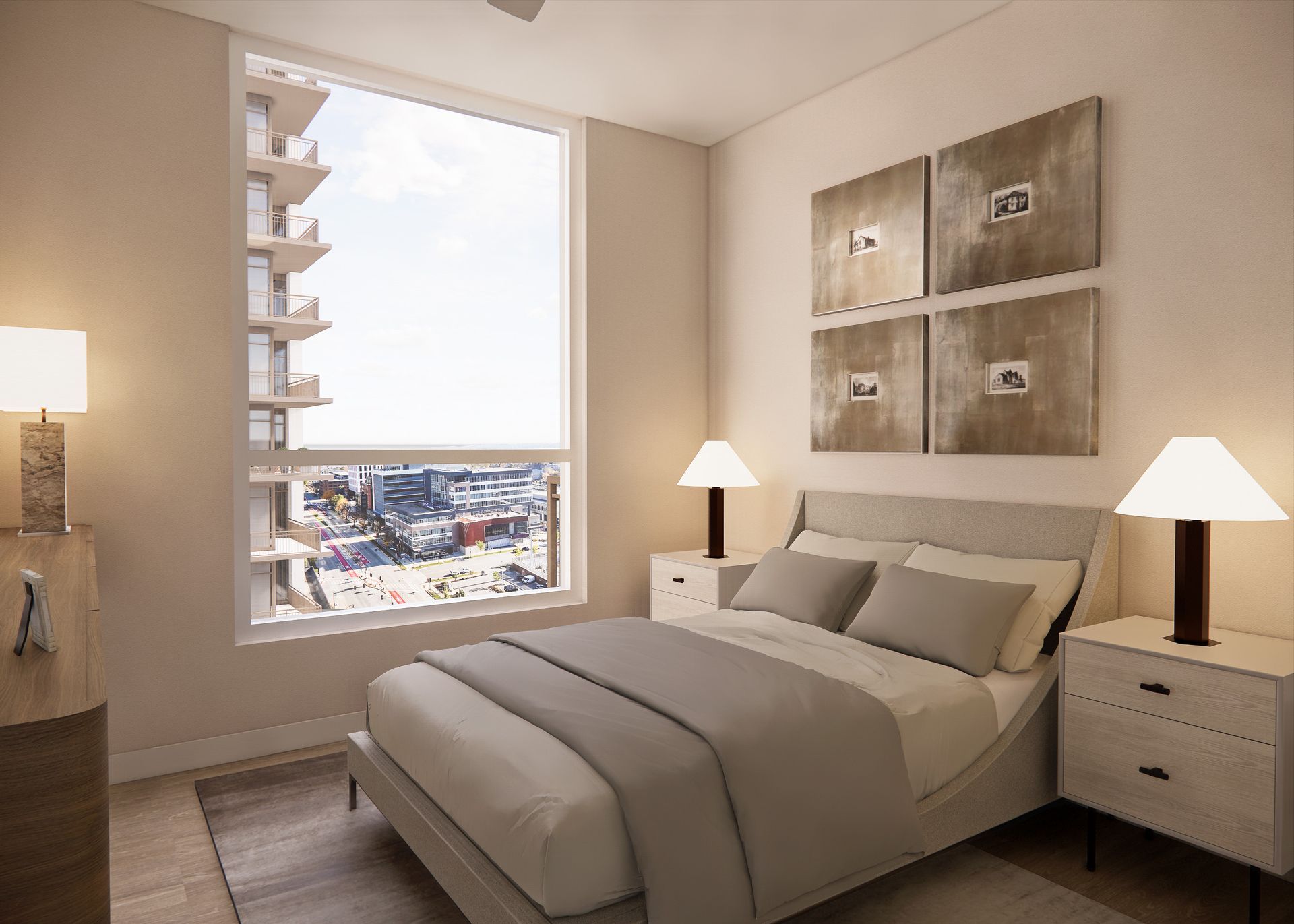 A modern bedroom with a queen bed, two nightstands with lamps, and a large window overlooking a city skyline.