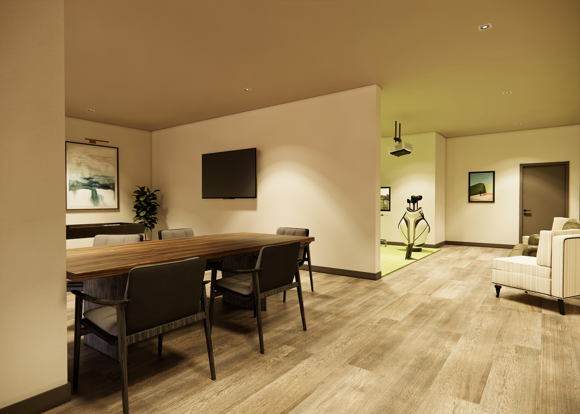 Dining area with long table, chairs, TV, and artwork. A doorway leads to another room with a treadmill.