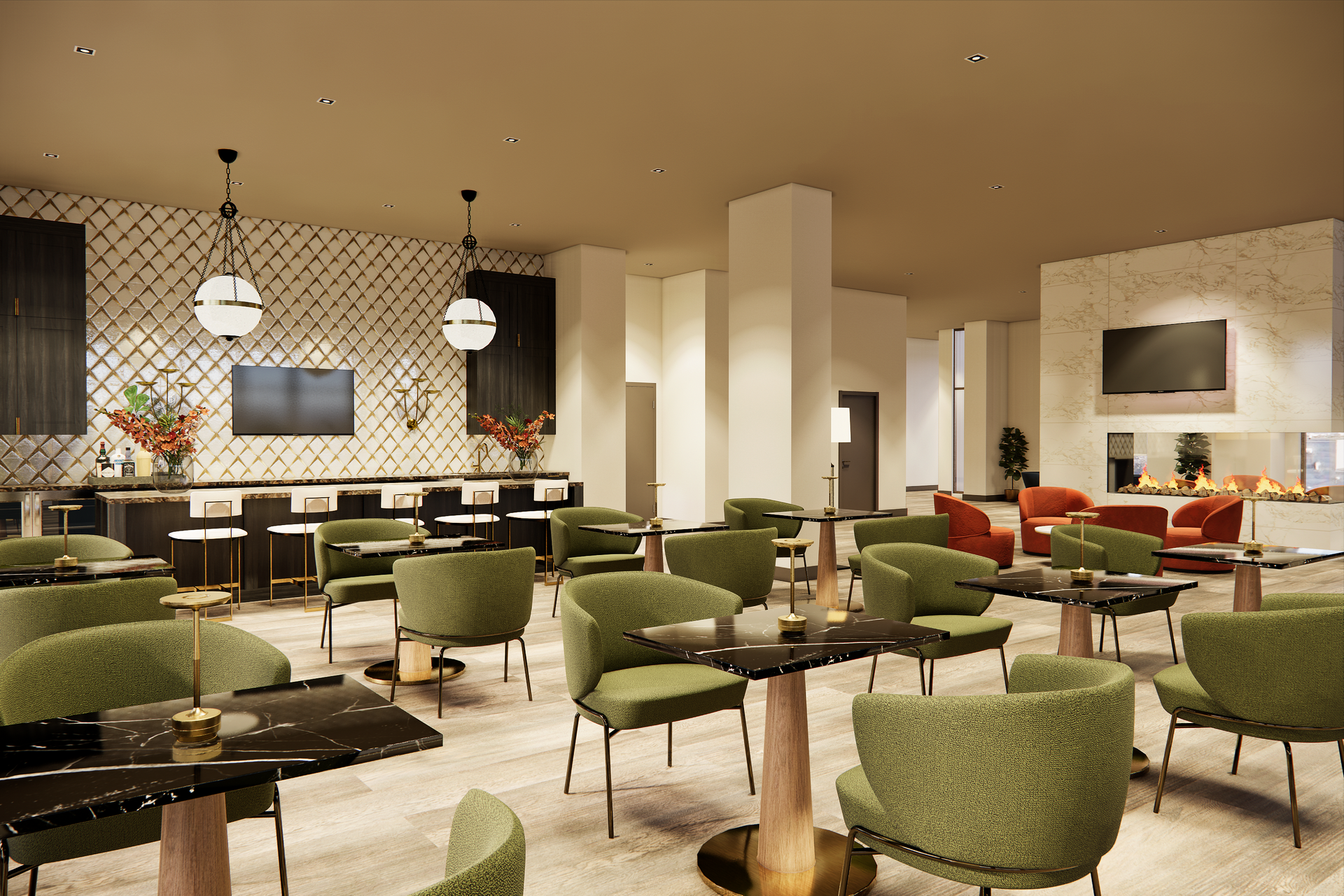 A stylish lounge with green chairs, black tables, bar, and fireplace.