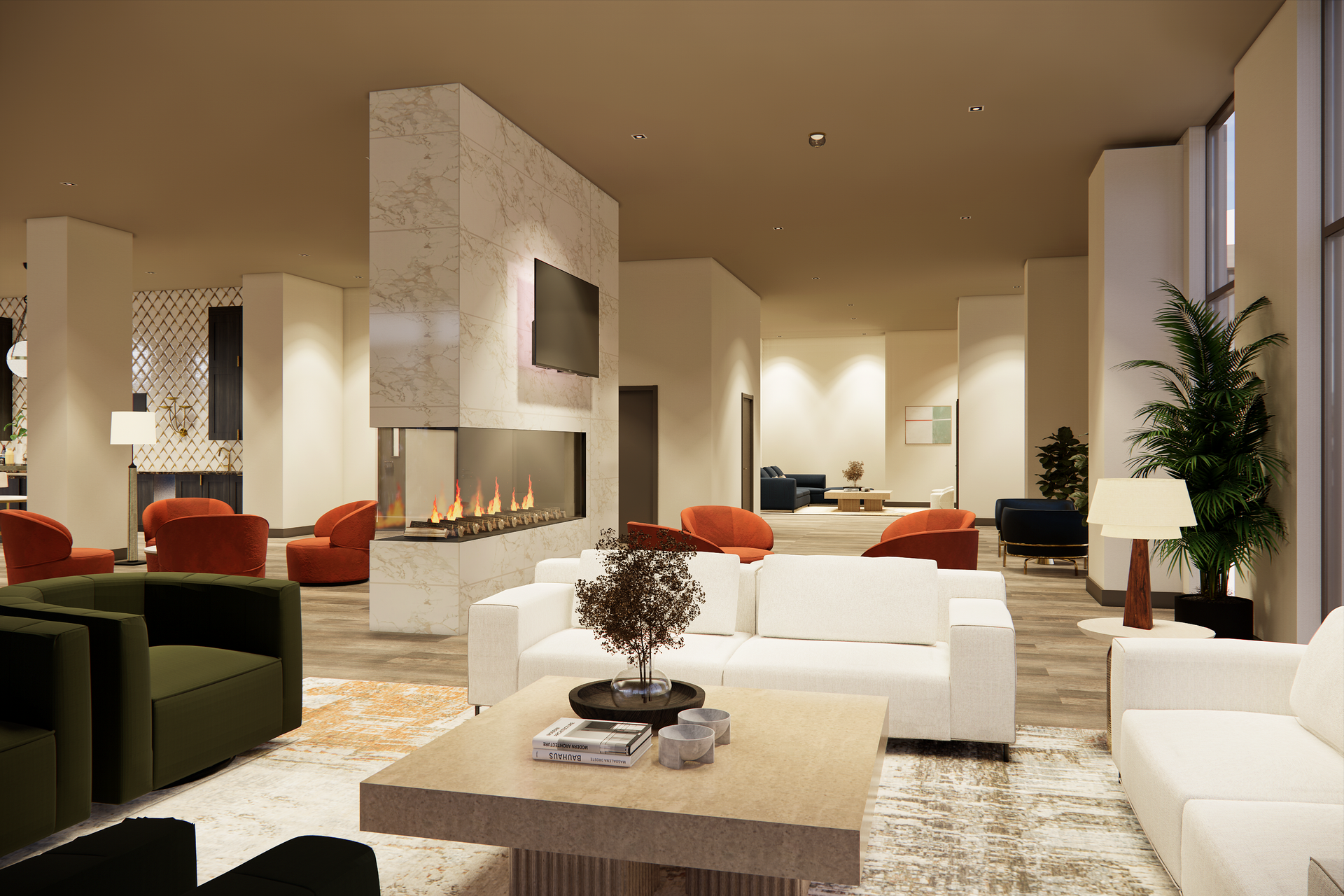 Modern lounge with white sofas, fireplace, and accent chairs in orange and green.