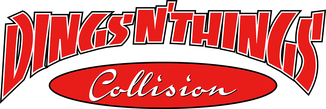 A red and white logo for dings n ' thinks collision