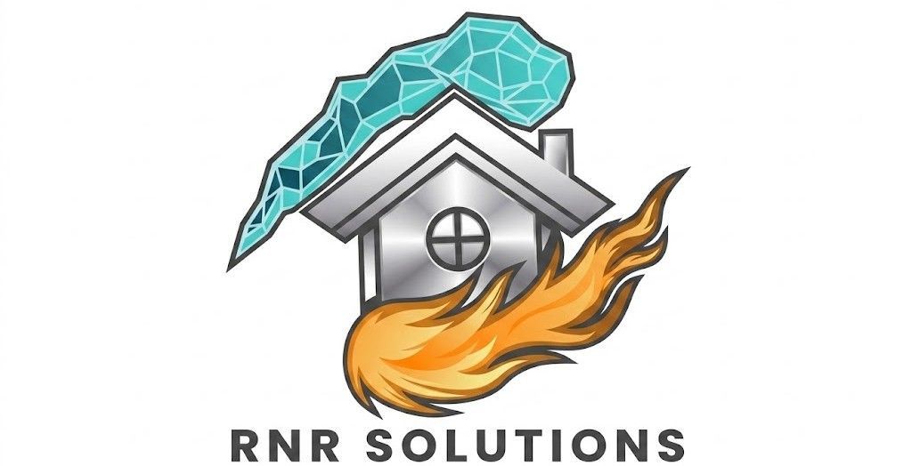 RNR Solutions logo with a gray house, teal roof, and orange flame graphic