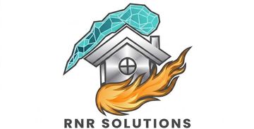 RNR Solutions logo with a gray house, teal roof, and orange flame graphic