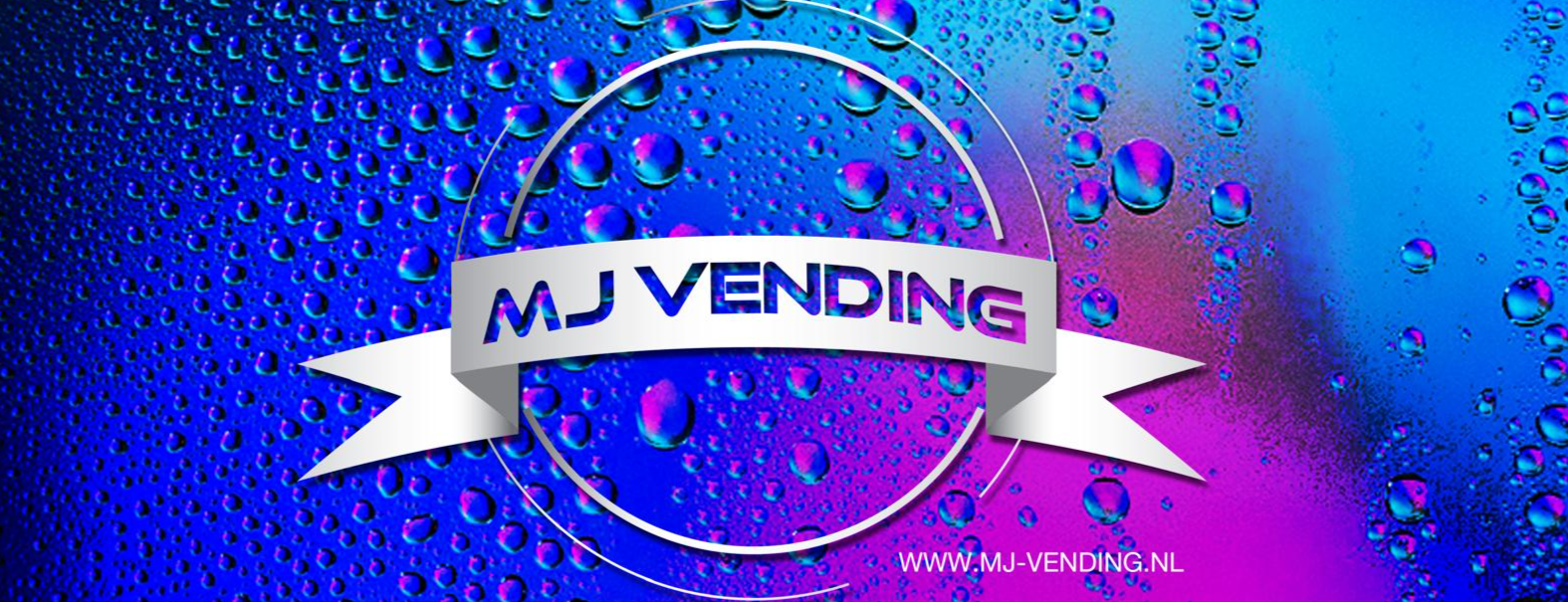 Het MJ Vending-logo met een wit lint op een blauwe en paarse achtergrond met waterdruppels.