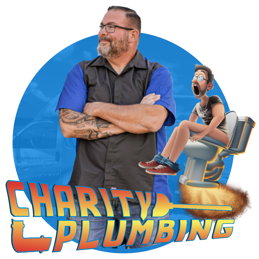Charity Plumbing logo: Man in blue shirt, cartoon person on toilet spewing flames. 