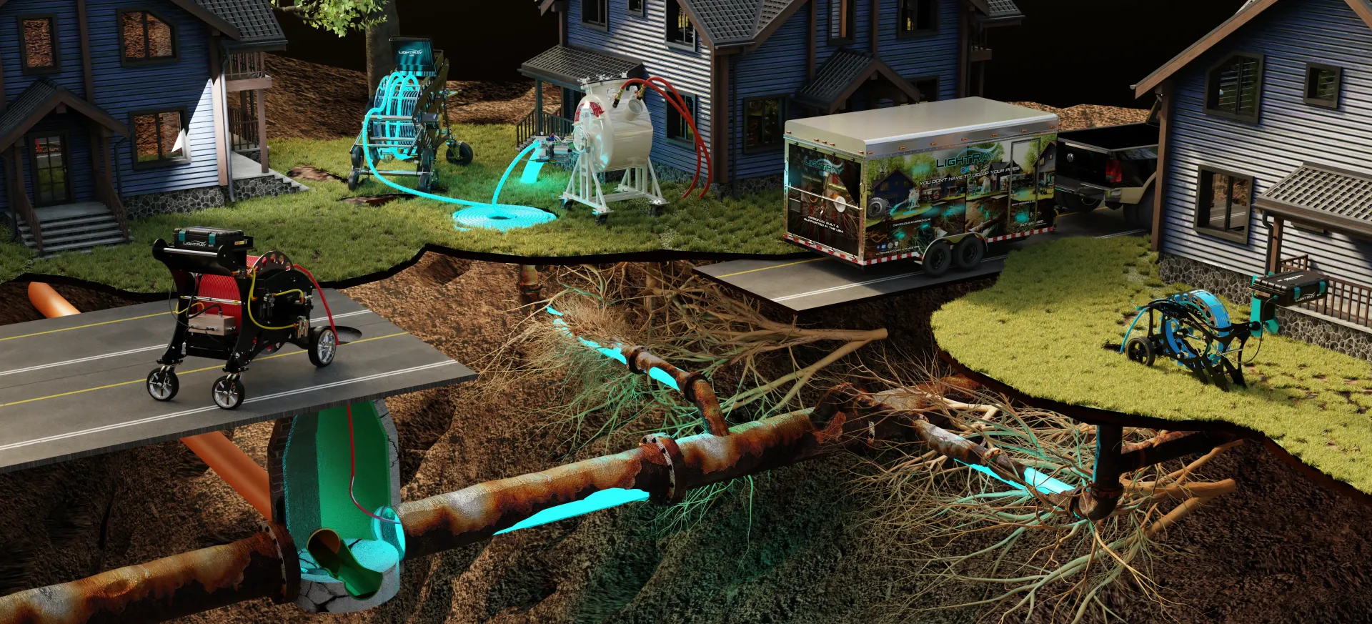Fantasy game scene with glowing portals, small buildings, and a dark rocky ground at night