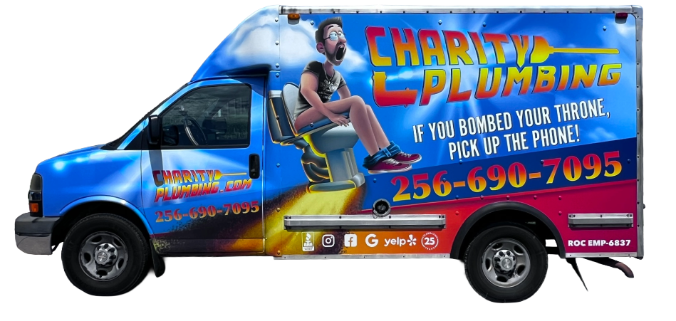 A plumbing van with a man on a toilet, the Charity's Plumbing logo, and a phone number.