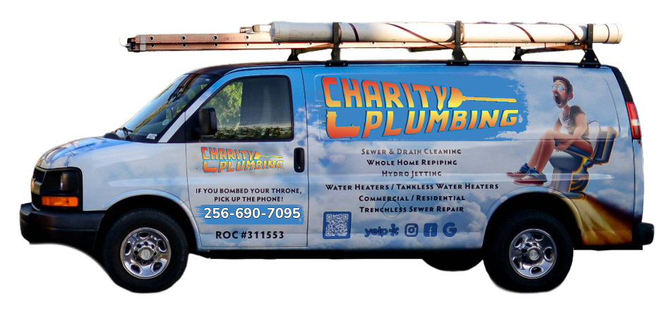 Charity Plumbing service van with a man on a toilet on the side, and contact info.