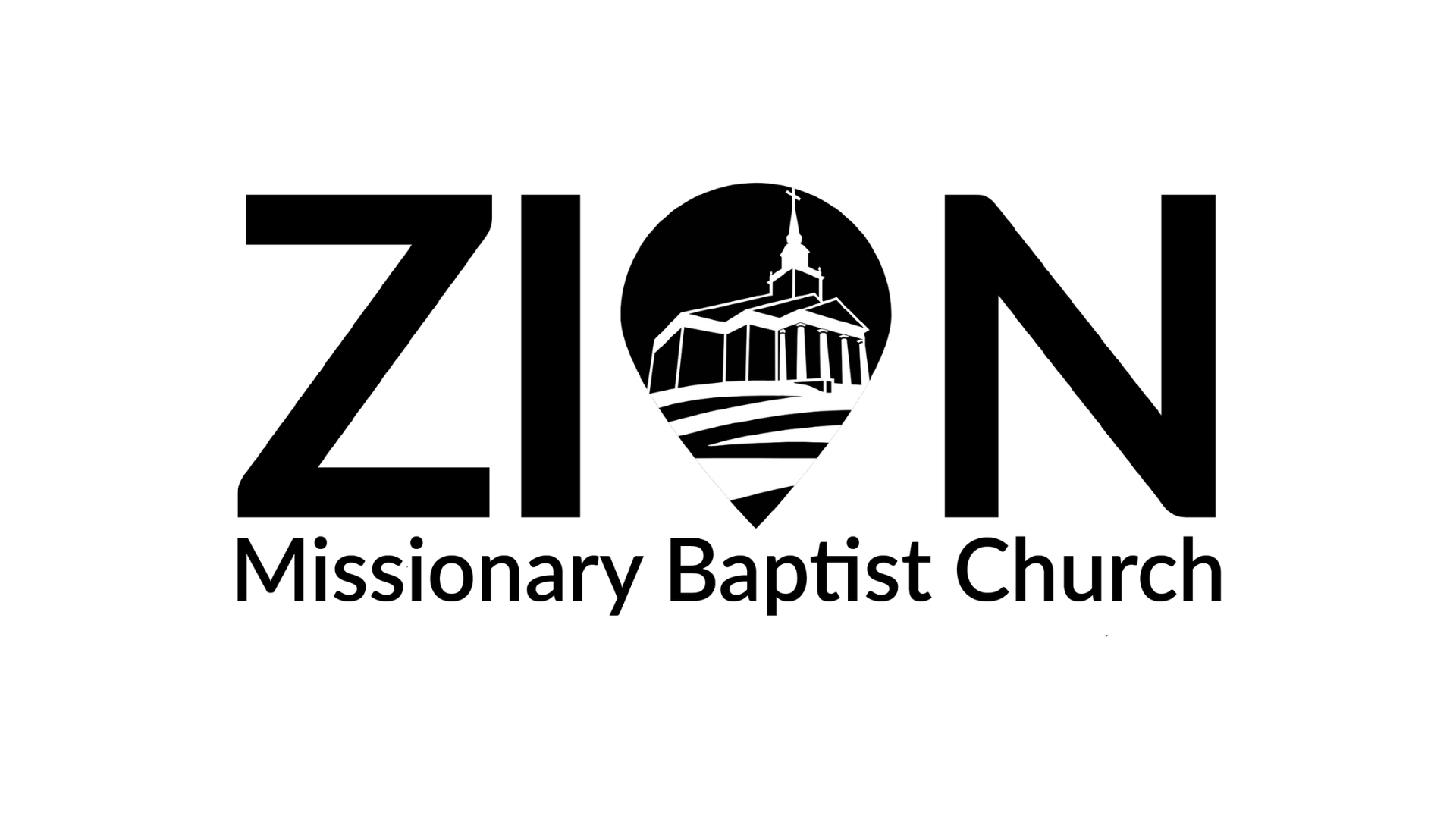 Logo for Zion Missionary Baptist Church featuring the word ZION with a church icon in place of the letter O.