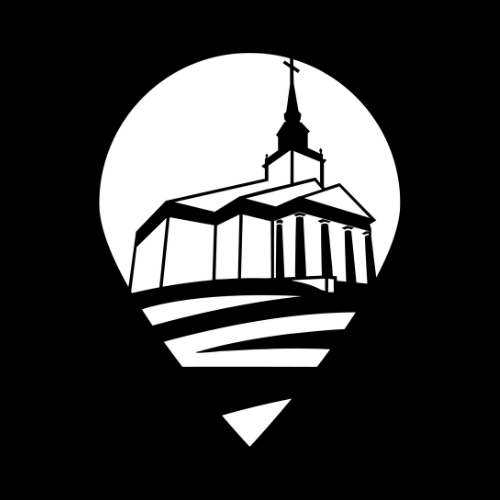 A black and white logo showing a church building inside a map location pin shape.