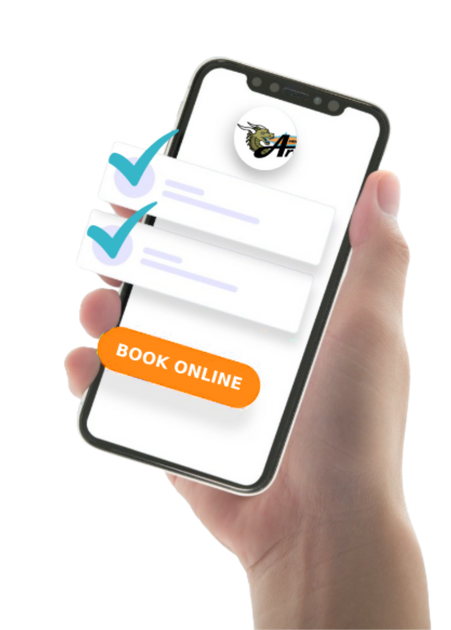 Hand holding a smartphone with a booking interface, a logo, checkmarks, and an orange 