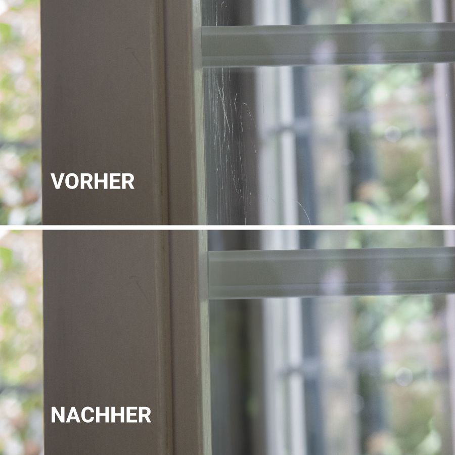 Ein Vorher-Nachher-Bild eines Fensters mit Kratzern