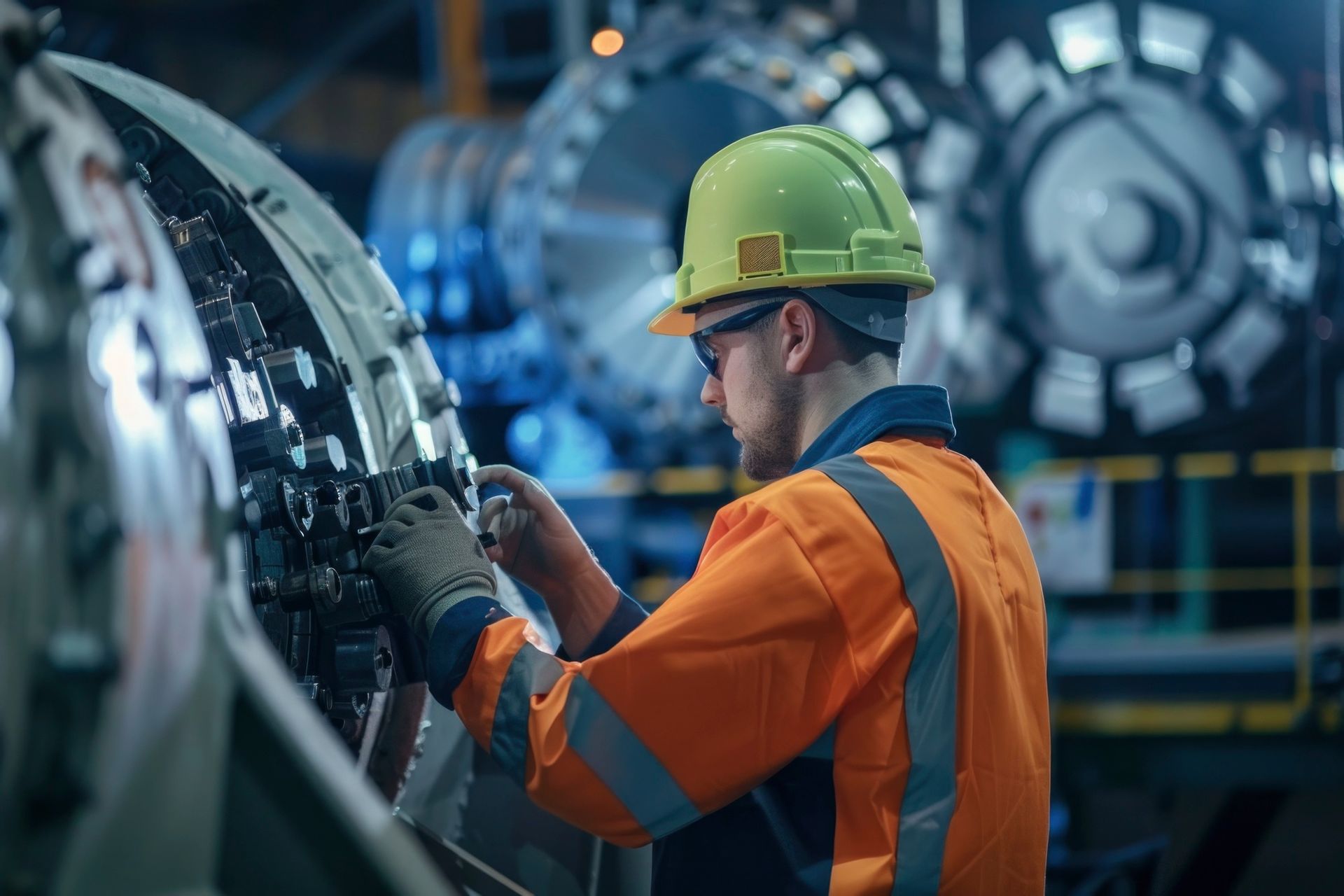 A man wearing a hard hat is working on a machine in a factory.