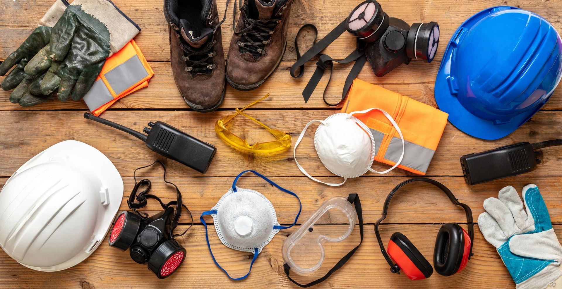 There are many different types of safety equipment on the table.