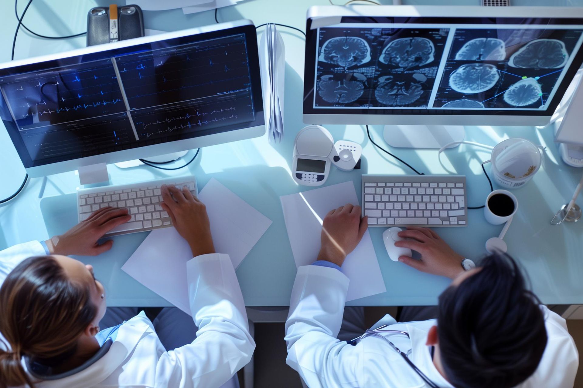 Two doctors are sitting at a desk looking at a computer screen.
