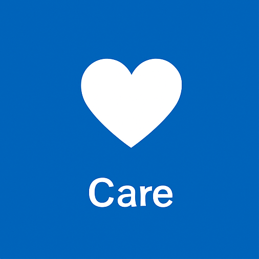 A white heart on a blue background with the word care below it.