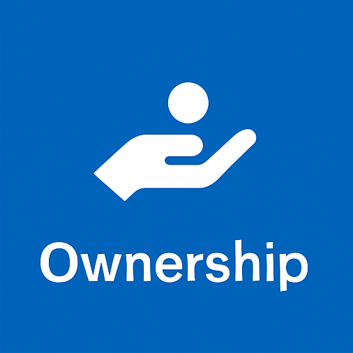 A blue sign with a hand holding a person and the word ownership.