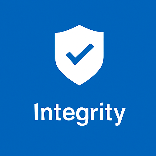 A blue background with the word integrity and a shield with a check mark on it.