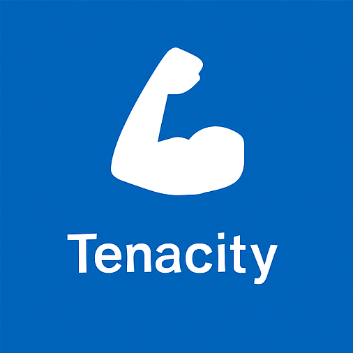 A blue background with a white icon of a muscle and the word tenacity.