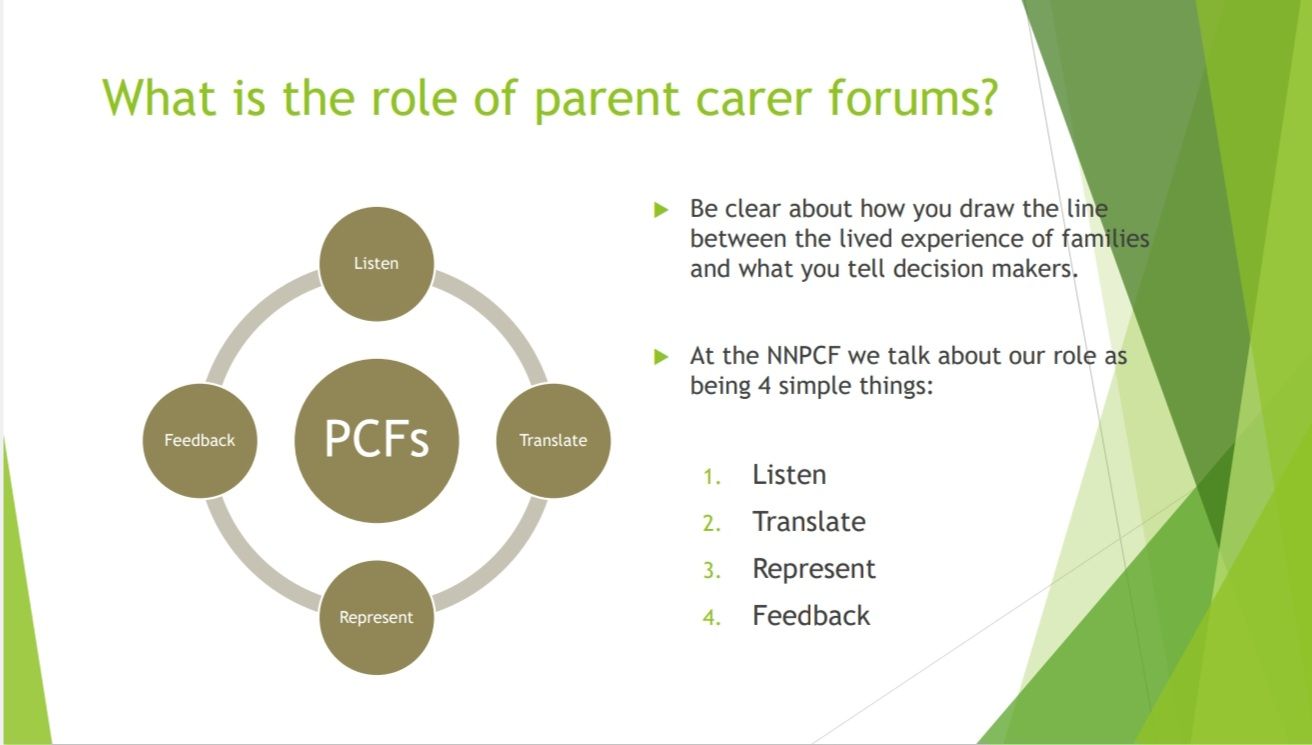 A slide that says what is the role of parent carer forums