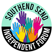 A logo for southend send independent forum with colorful hands reaching up in the air.