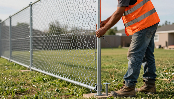 “Worker securing chain link fencing to a metal post near a grassy yard for fence builders in Dundalk, MD”