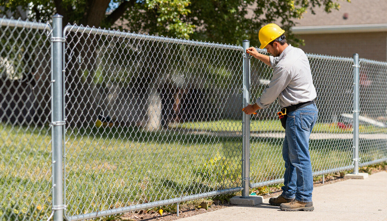 “Worker installing a chain link fence along a sidewalk and lawn for fence builders in Dundalk, MD”