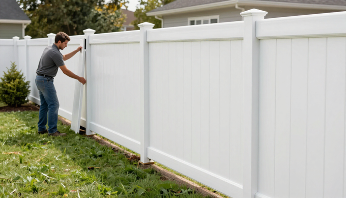 “Worker installing a clean white vinyl privacy fence along a grassy property line for fence builders in Dundalk, MD”