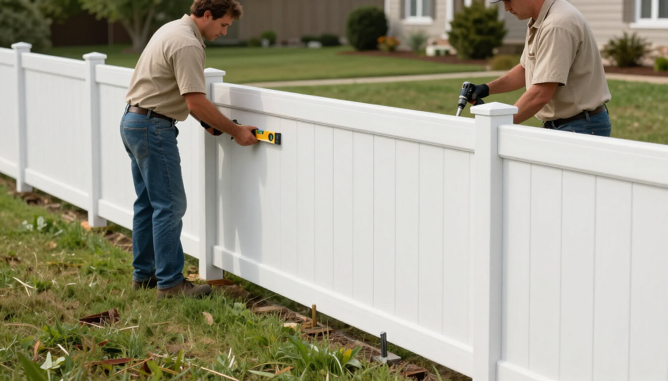 “Workers aligning a white vinyl fence section across a grassy backyard for fence builders in Dundalk, MD”