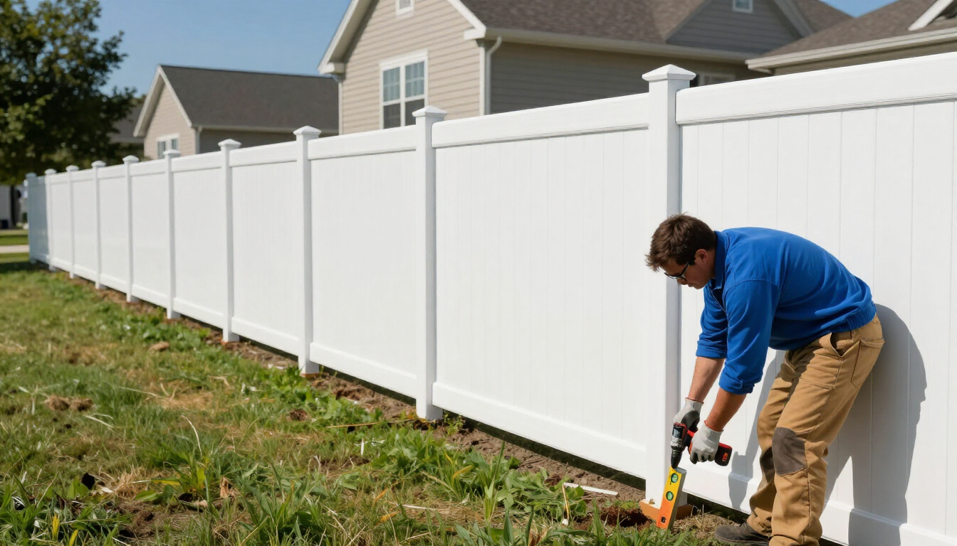 “Worker measuring and securing the base of a white vinyl fence post for fence builders in Dundalk, MD”