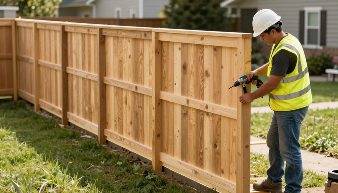 “Worker checking a newly installed wooden privacy fence beside a home for fence builders in Dundalk, MD”