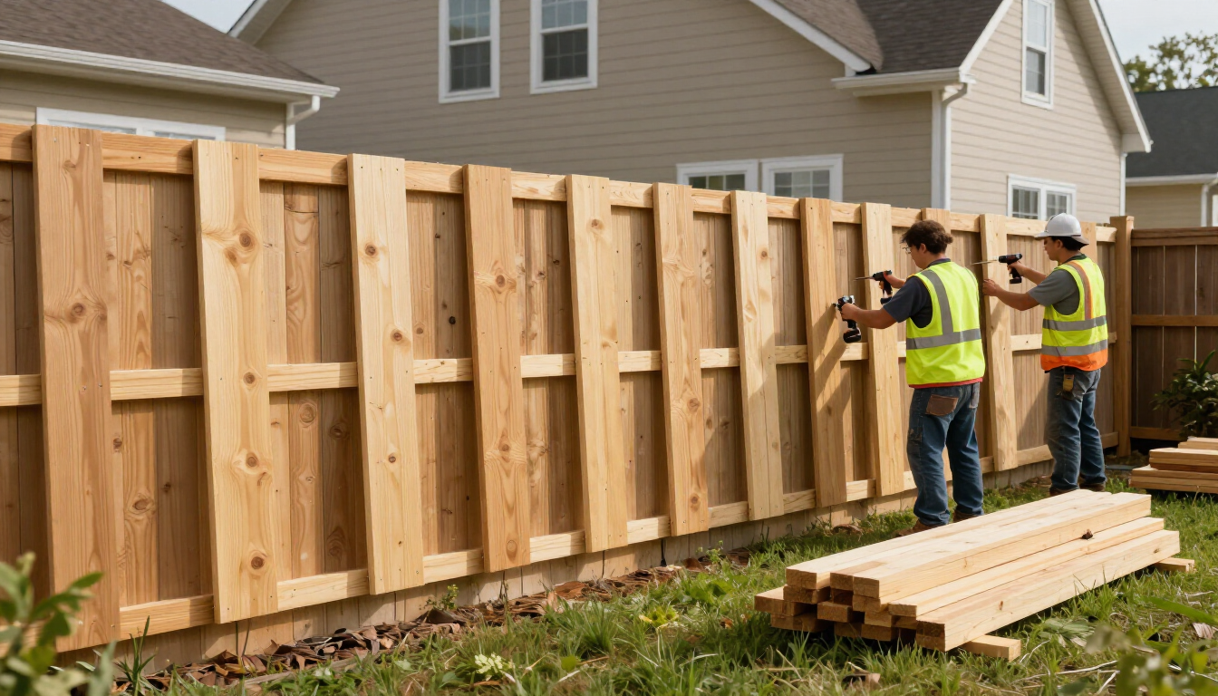 “Workers installing a tall wooden fence panel beside a residential property for fence builders in Dundalk, MD”