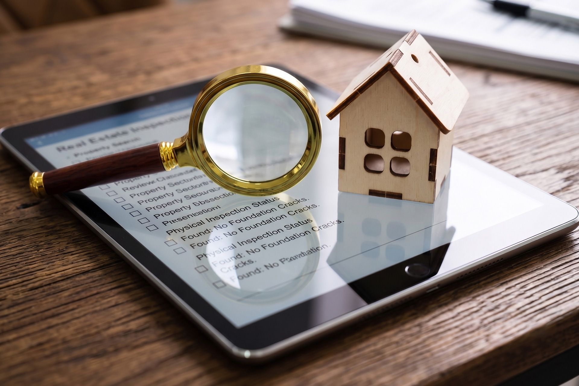 Tablet with house model and magnifying glass on a desk, suggesting home inspection or real estate search